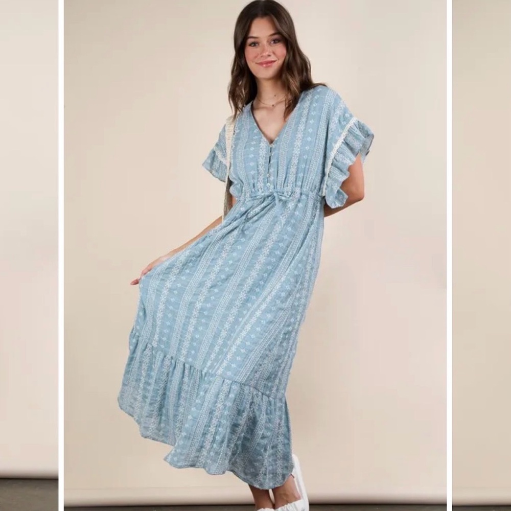 Blue eyelet midi boho dress medium NWT